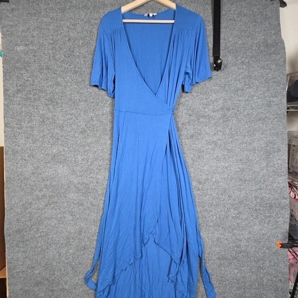 Lucky Brand Dress Womens M Blue Jersey Wrap Maxi Flutter Sleeve V Neck Belted